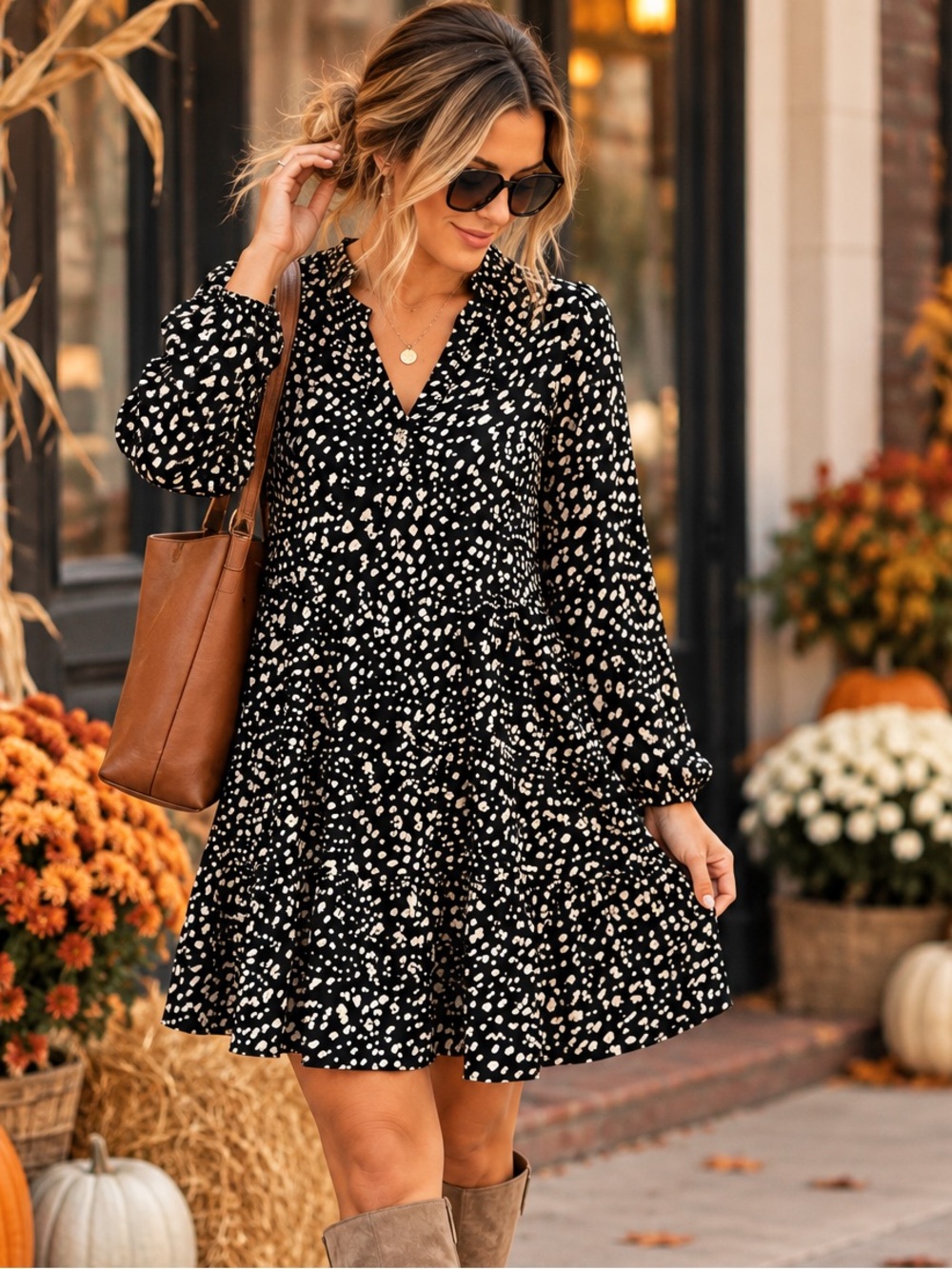 Beacon River Black Cream Spotted Print V Neck Long Sleeve Tiered Mini Dress